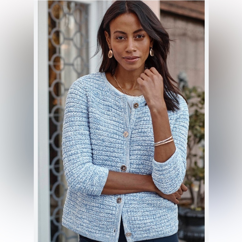 J. Jill Wearever Spray-Dyed Cardigan Sweater Large Blue Cotton Ribbed Knit NWT